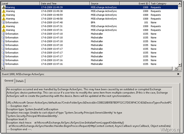 Microsoft: Exchange 2007 on Windows 2008 Active Sync error code: 0x85010014