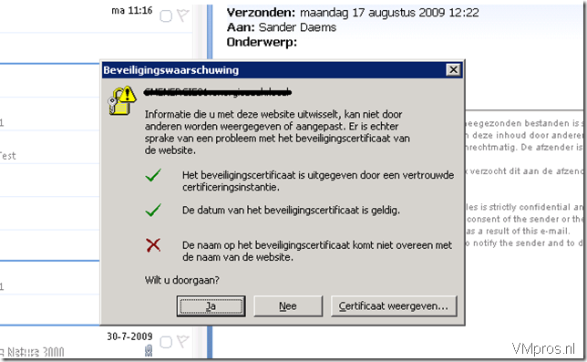 Microsoft: Exchange 2007 – Outlook 2007, getting SSL error pop-ups by clicking Send/Receive