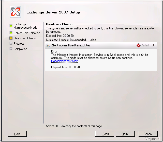 Microsoft: Exchange 2007 – The Microsoft Internet Information Service is in 32-bit mode and this is a 64-bit computer.