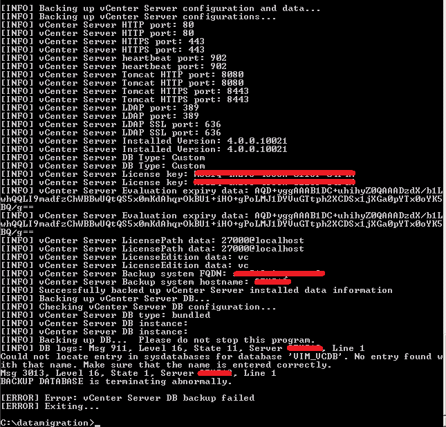 VMware: vCenter Datamigration: Msg 3013, BACKUP DATABASE is terminating abnormally