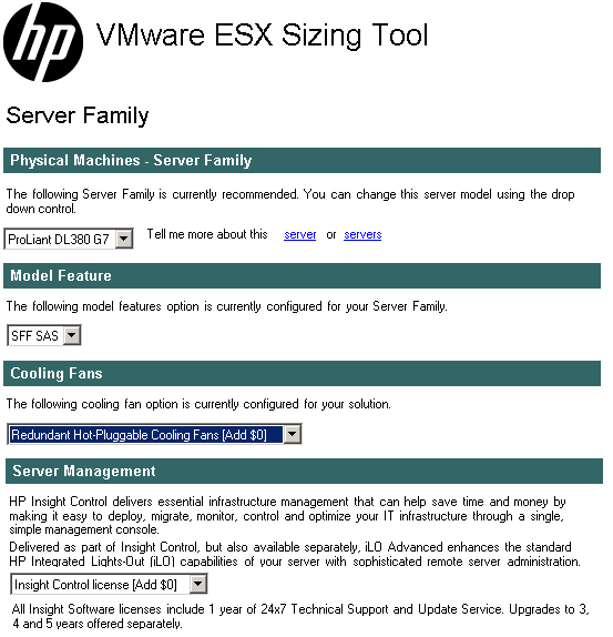 VMware: HP sizing tool for VMware vSphere