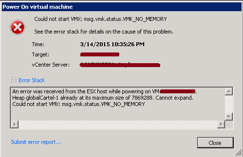 [VMware] Could not start VMX: msg.vmk.status.VMK_NO_MEMORY